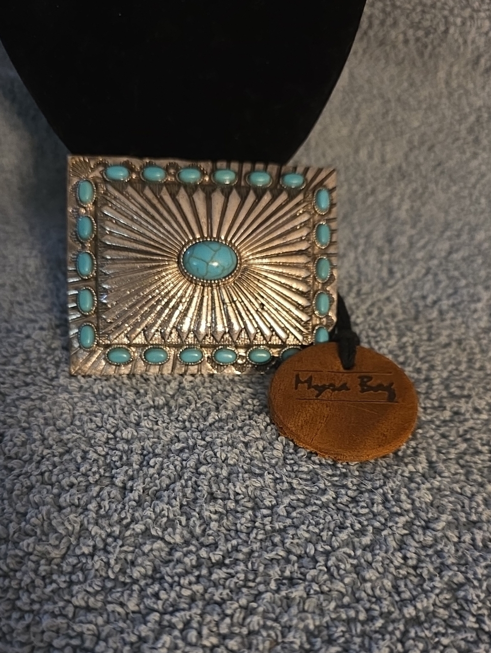 Turquoise-Accent Silver Tone Decorative Buckle